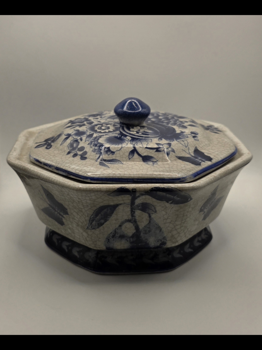 Blue and White Floral Ceramic Covered Dish